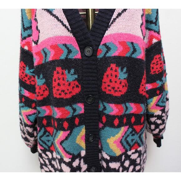 Farm Rio Crazy Mix Strawberry Colorful Fuzzy Long Cardigan Sweater Size XS - Picture 4 of 7